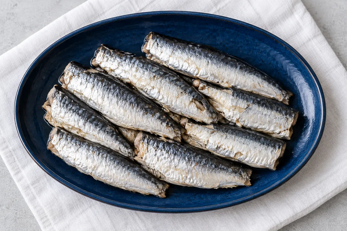 Illustrative cooked sardines on blue and white crockery