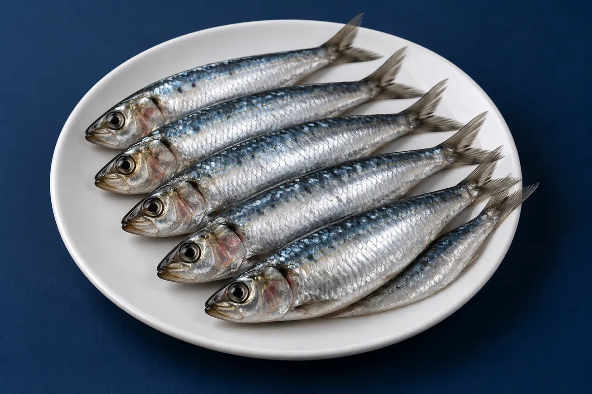 Illustrative fresh silver sardines on a white plate, with no other foods or ingredients