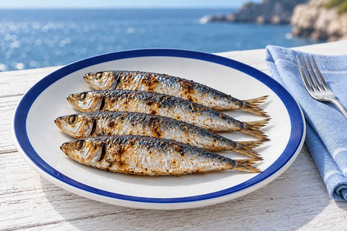 Illustrative silver sardines on a white and blue plate