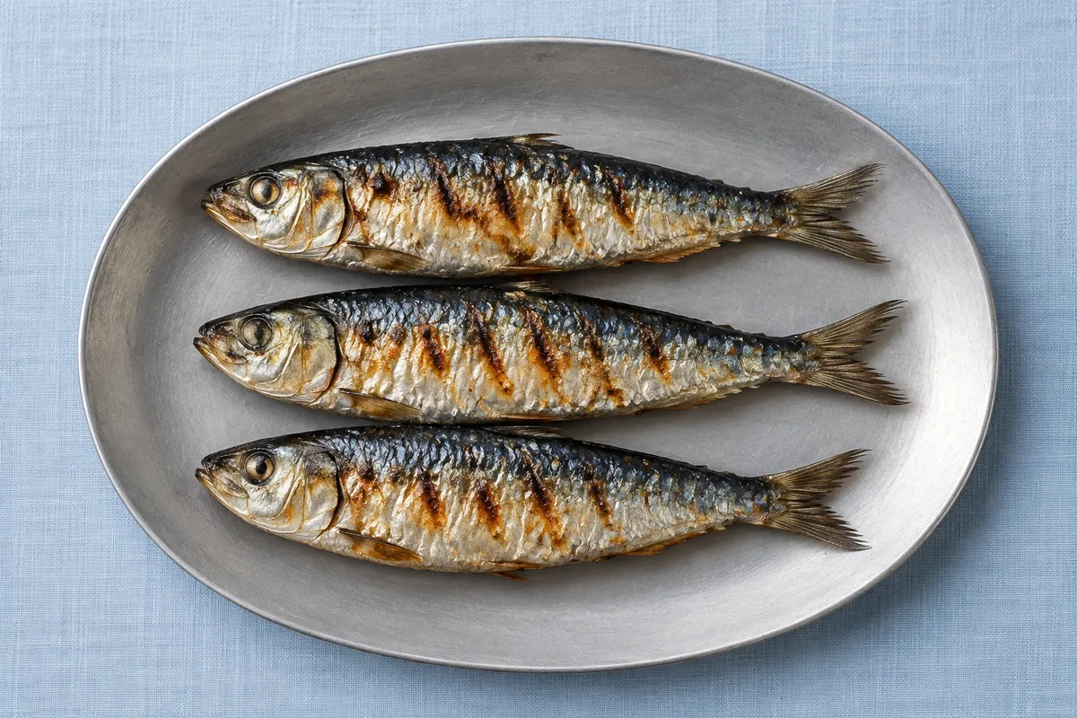 Illustrative grilled sardines on a silver plate, with no other foods or ingredients